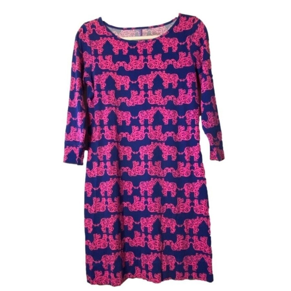 Lilly Pulitzer Marlowe Dress Shift Elephant Print 3/4‎ Sleeve Casual Pink Blue S